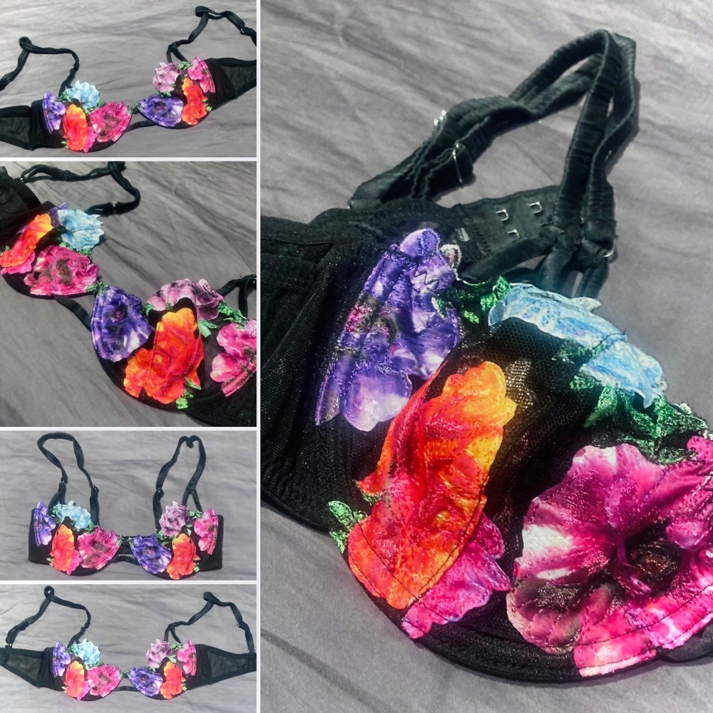 Neon Floral Black Lace Mesh Bra